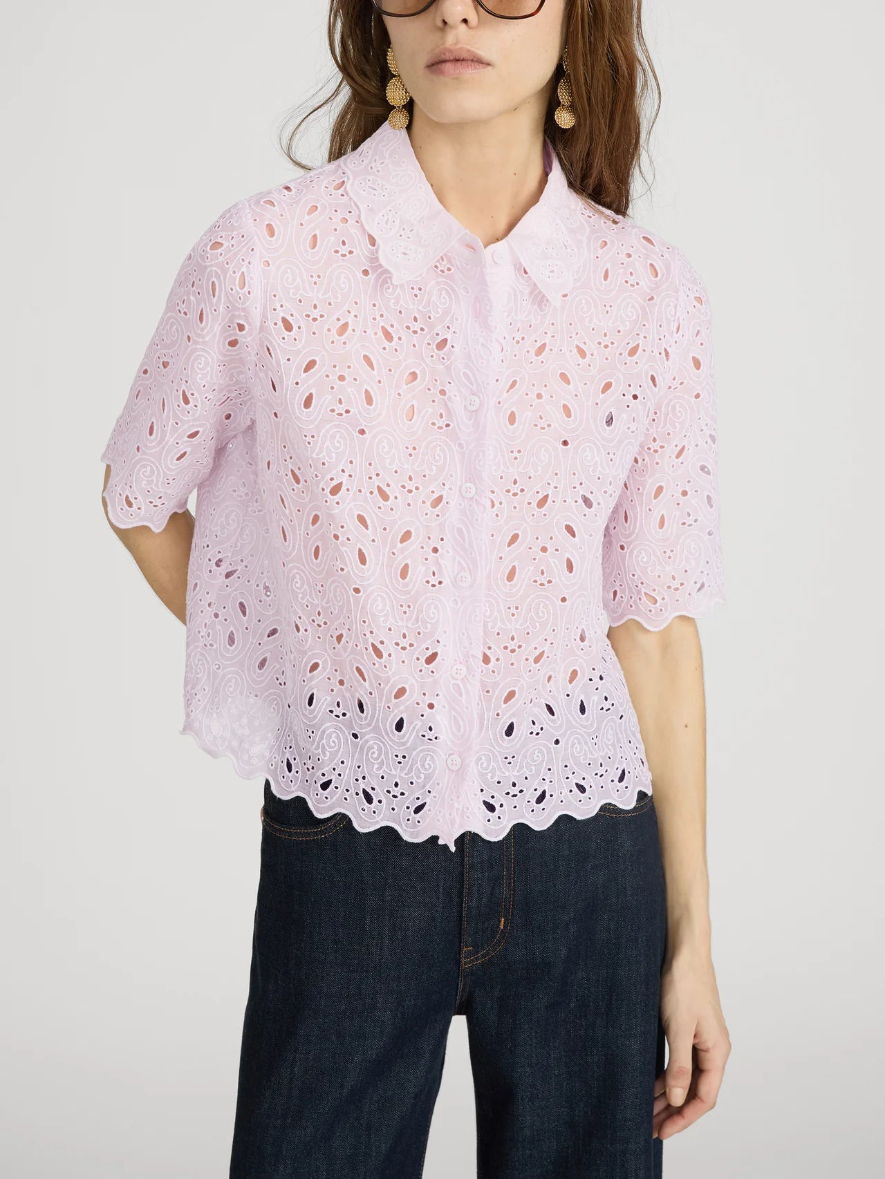 pink short sleeve eyelet blouse