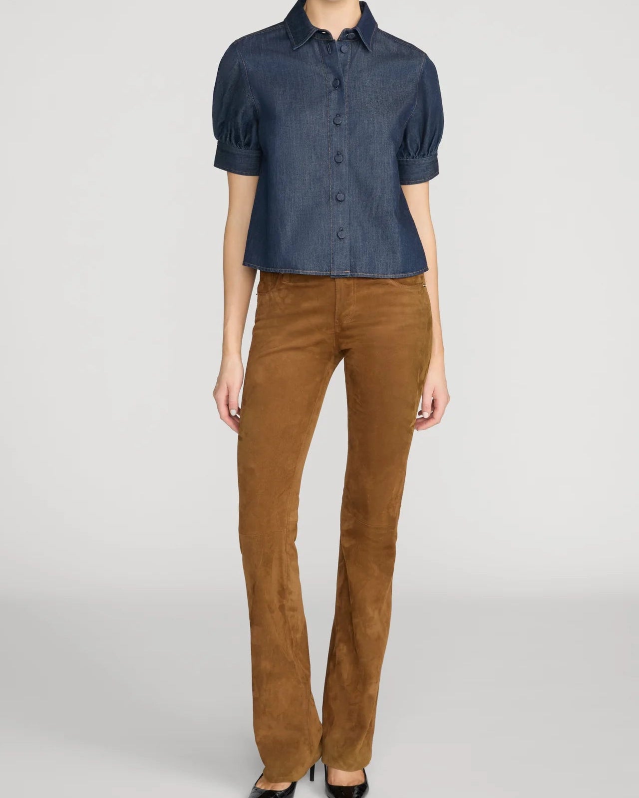 dark denim button up short sleeve shirt