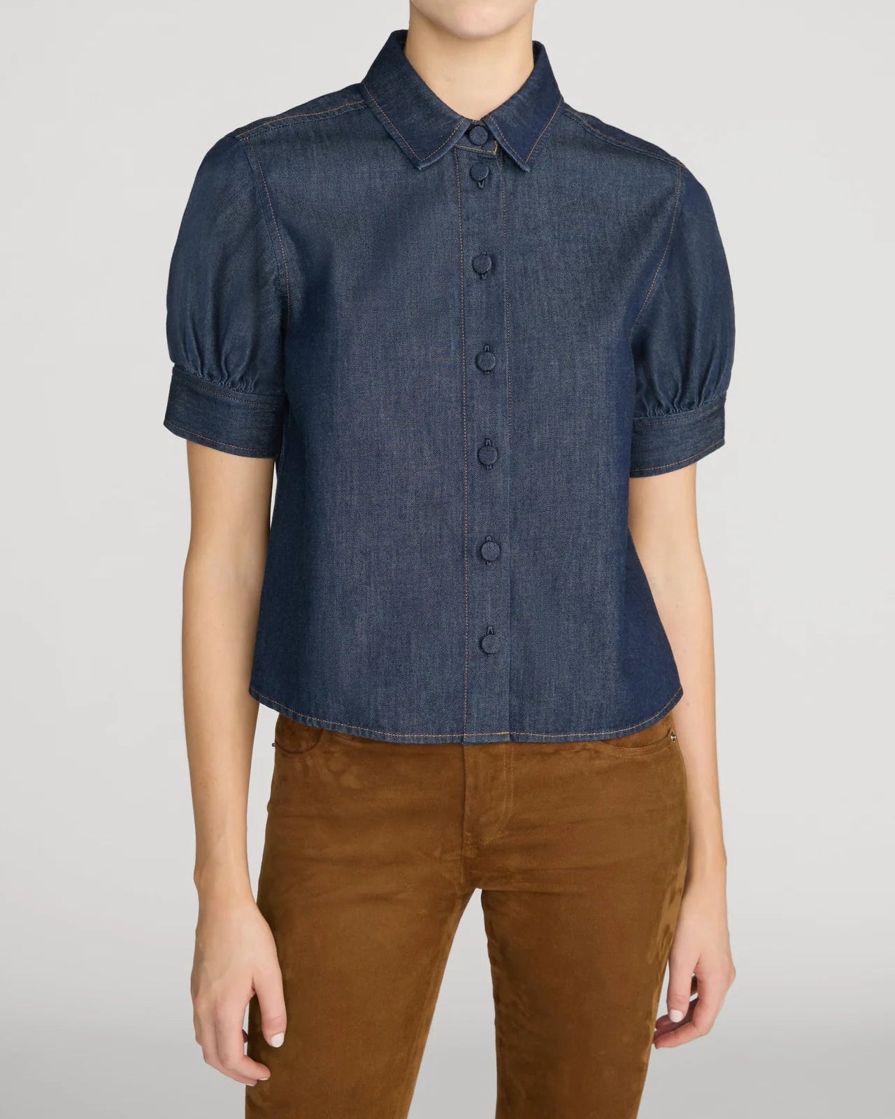 dark denim button up short sleeve shirt