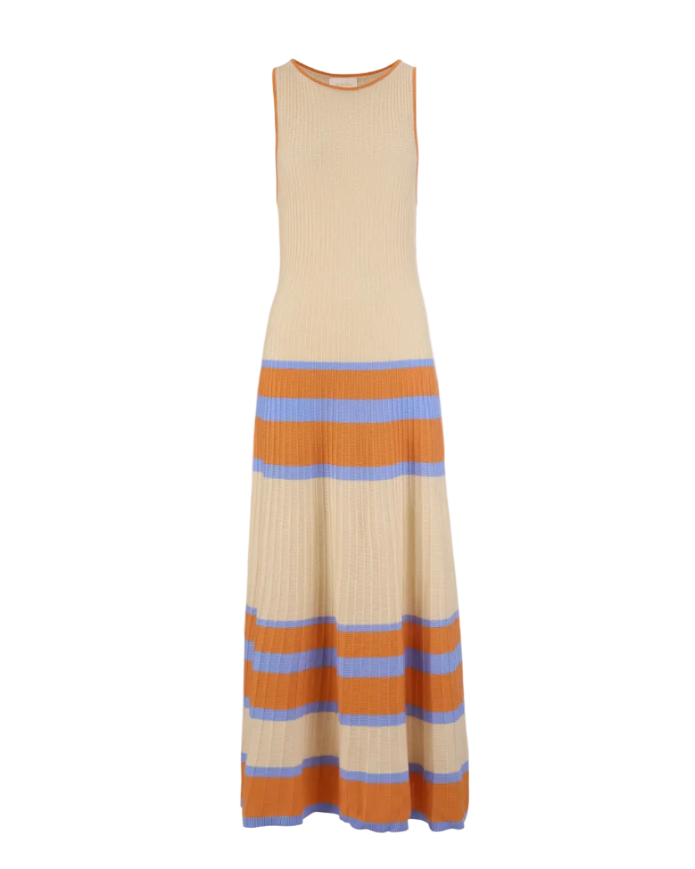 maxi knit dress in cream with orange and blue stripes