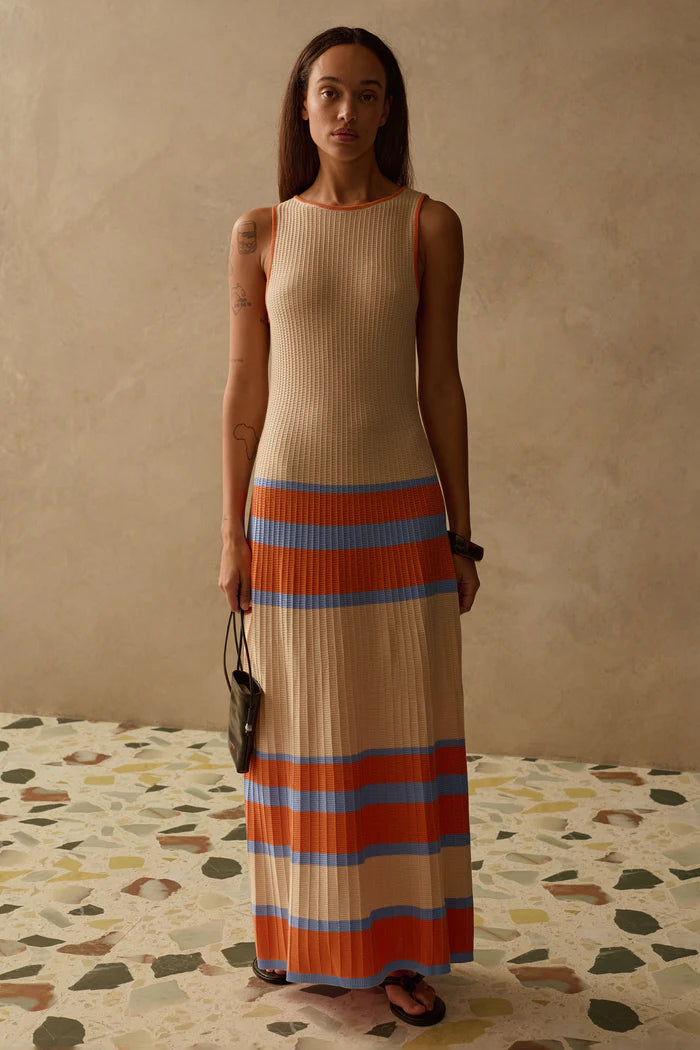 maxi knit dress in cream with orange and blue stripes