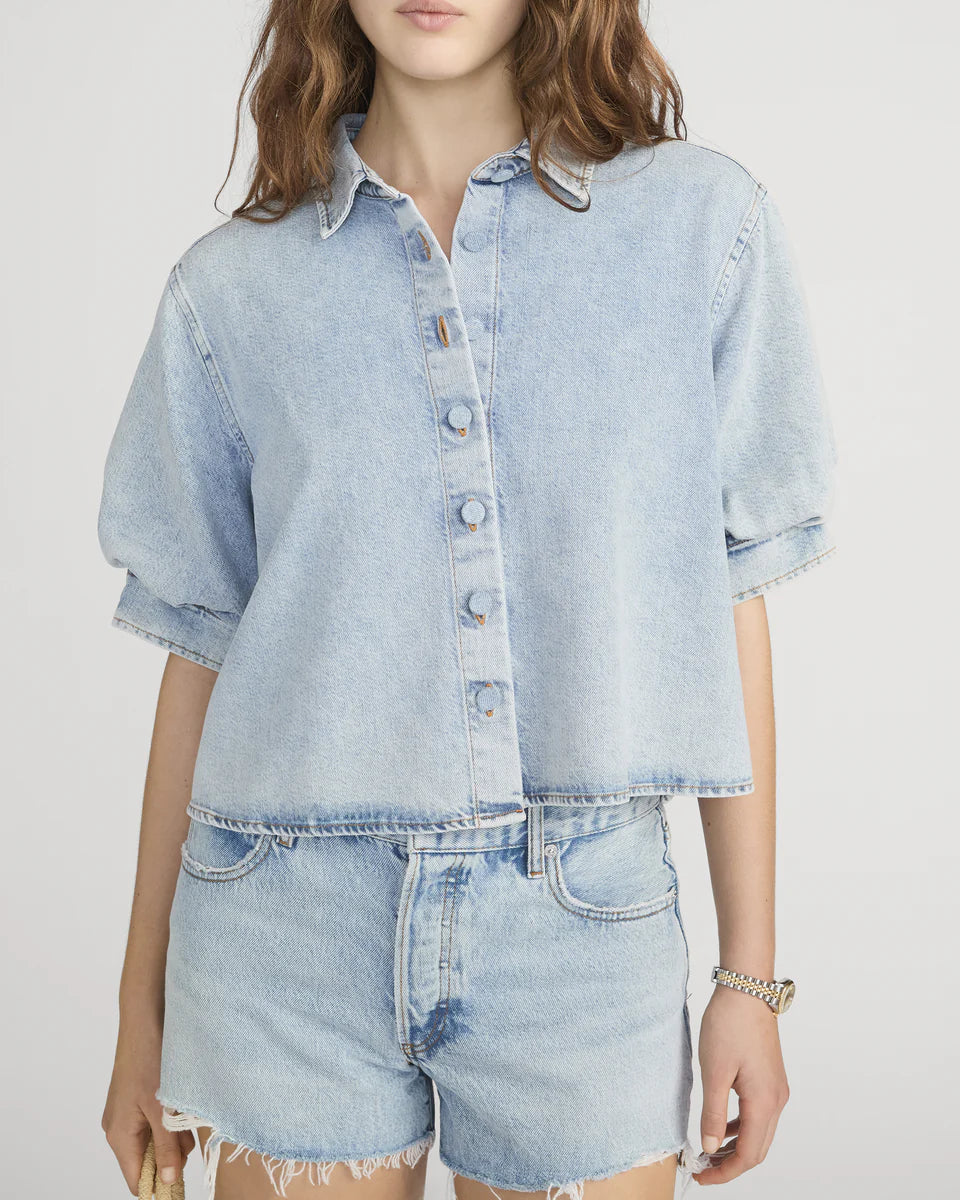 short sleeve denim shirt with a puff sleeve