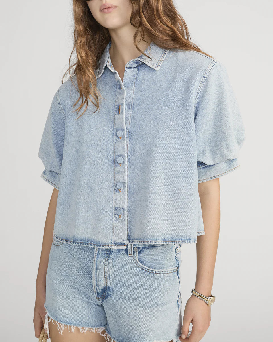 short sleeve denim shirt with a puff sleeve