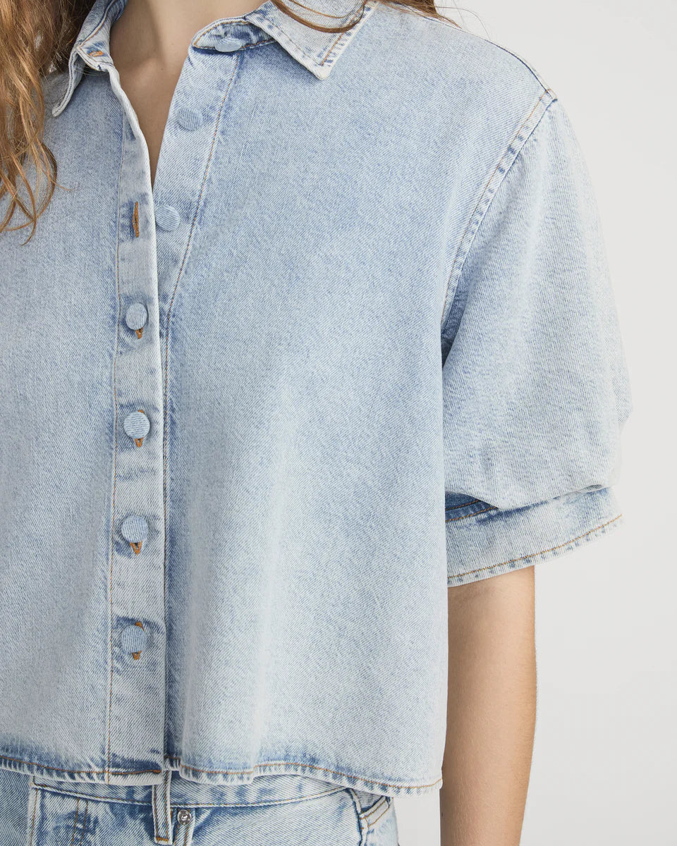 short sleeve denim shirt with a puff sleeve