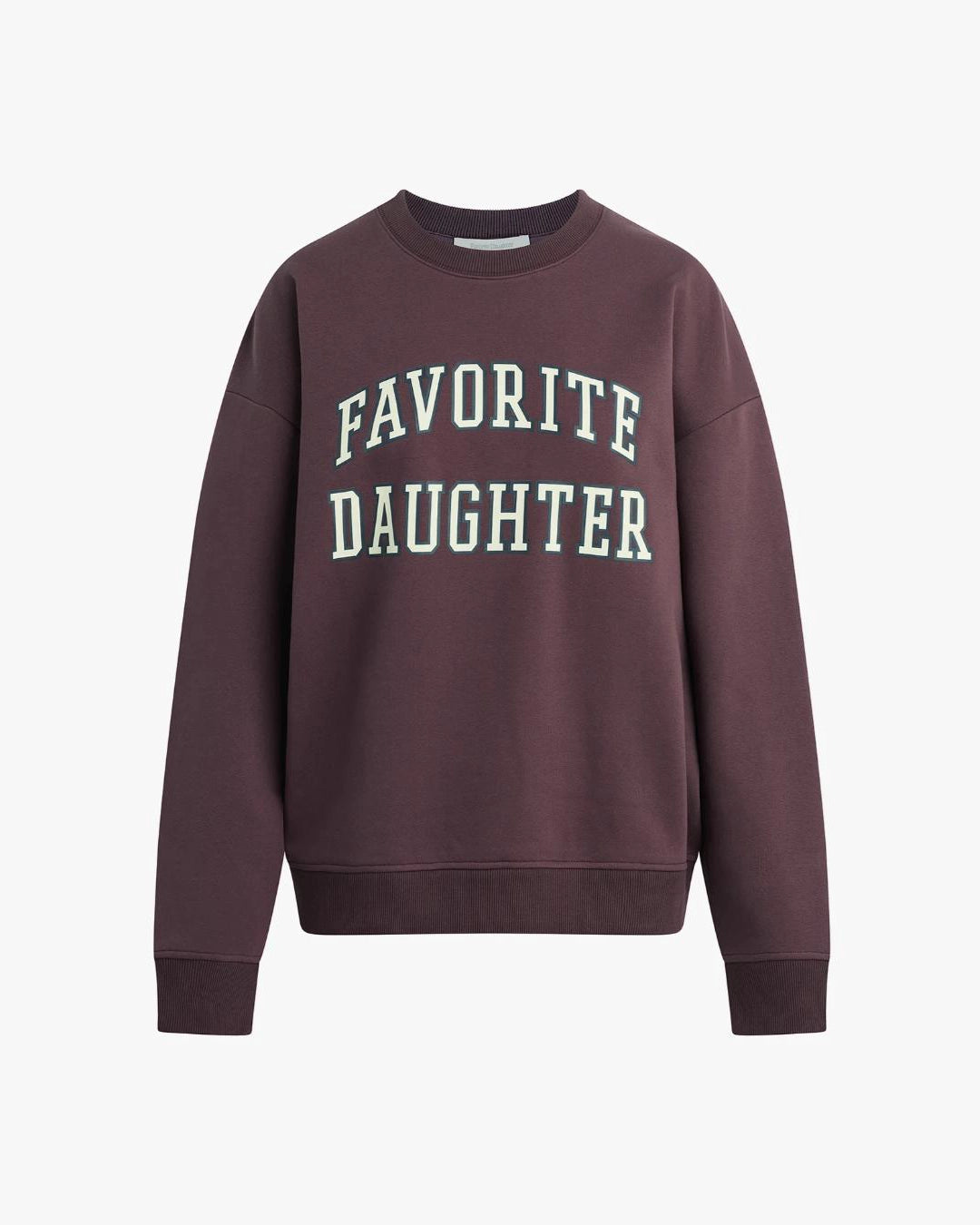 a maroon 'FAVORITE DAUGHTER' sweatshirt
