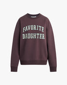 a maroon 'FAVORITE DAUGHTER' sweatshirt