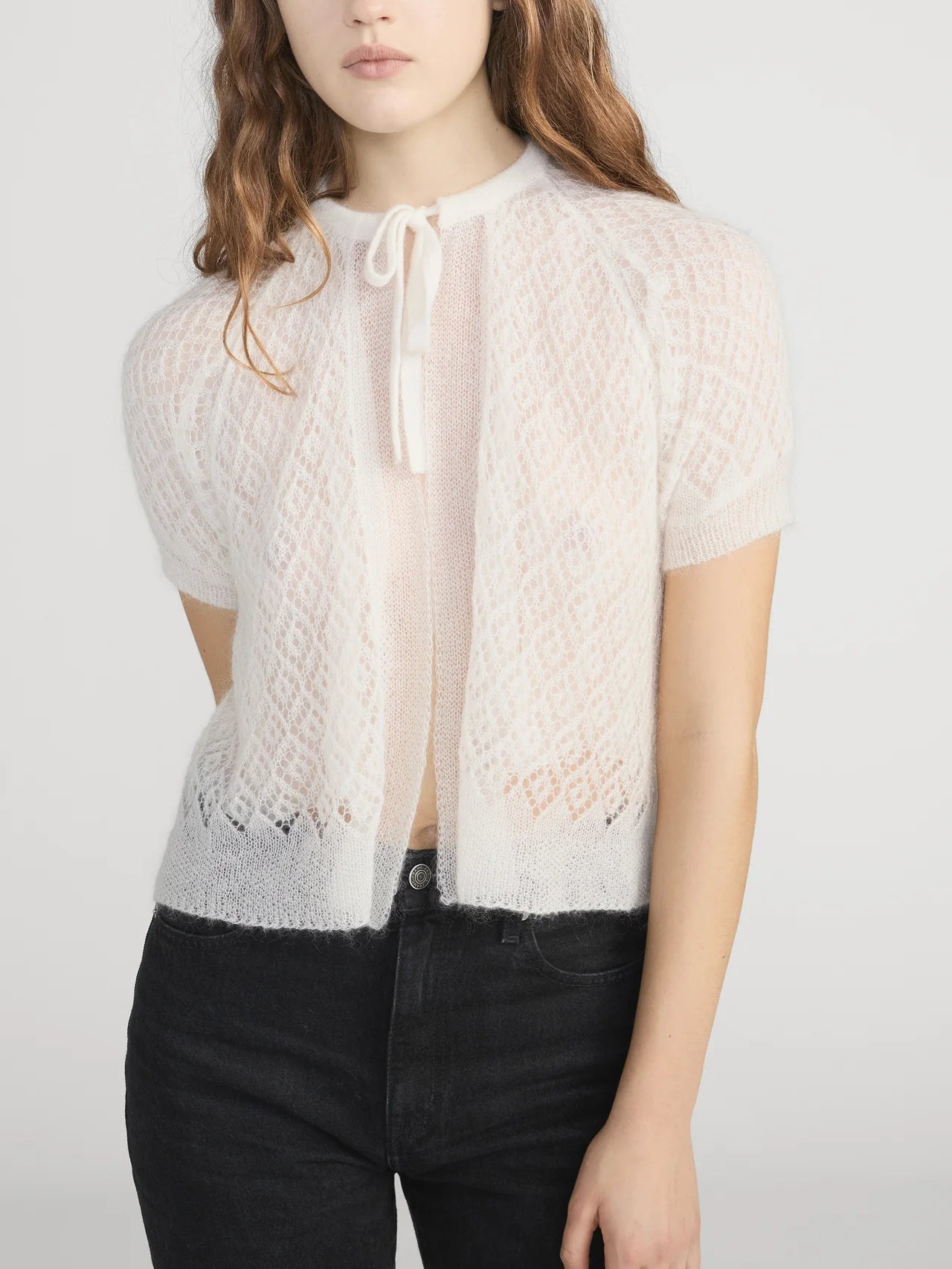 short sleeve knit tie sweater top