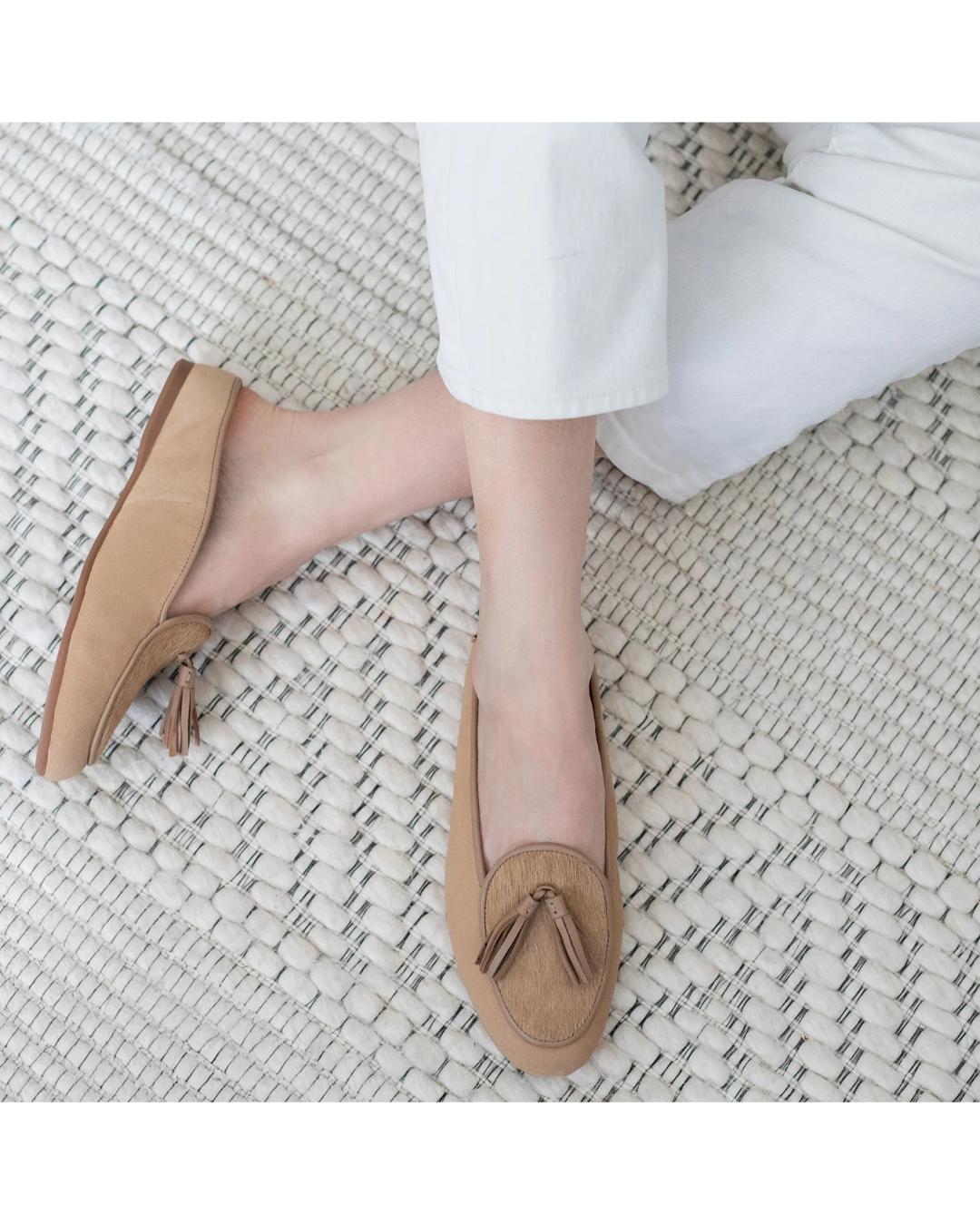 tan slipper shoe with tassels