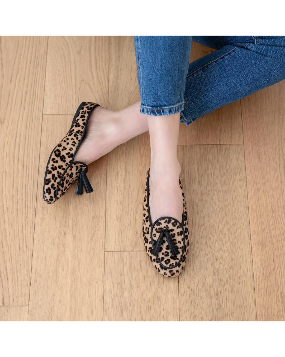 leopard print slipper shoe with black tassels