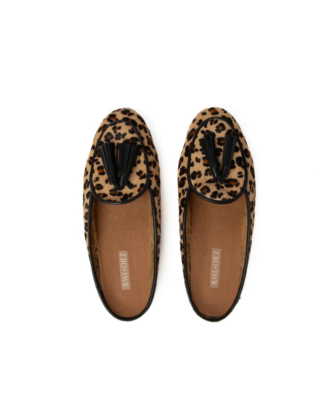 leopard print slipper shoe with black tassels