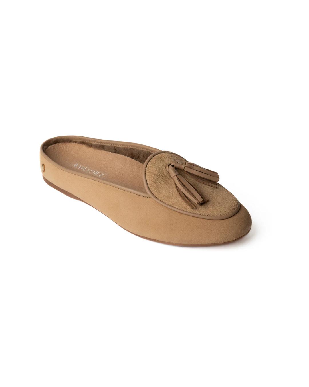 tan slipper shoe with tassels
