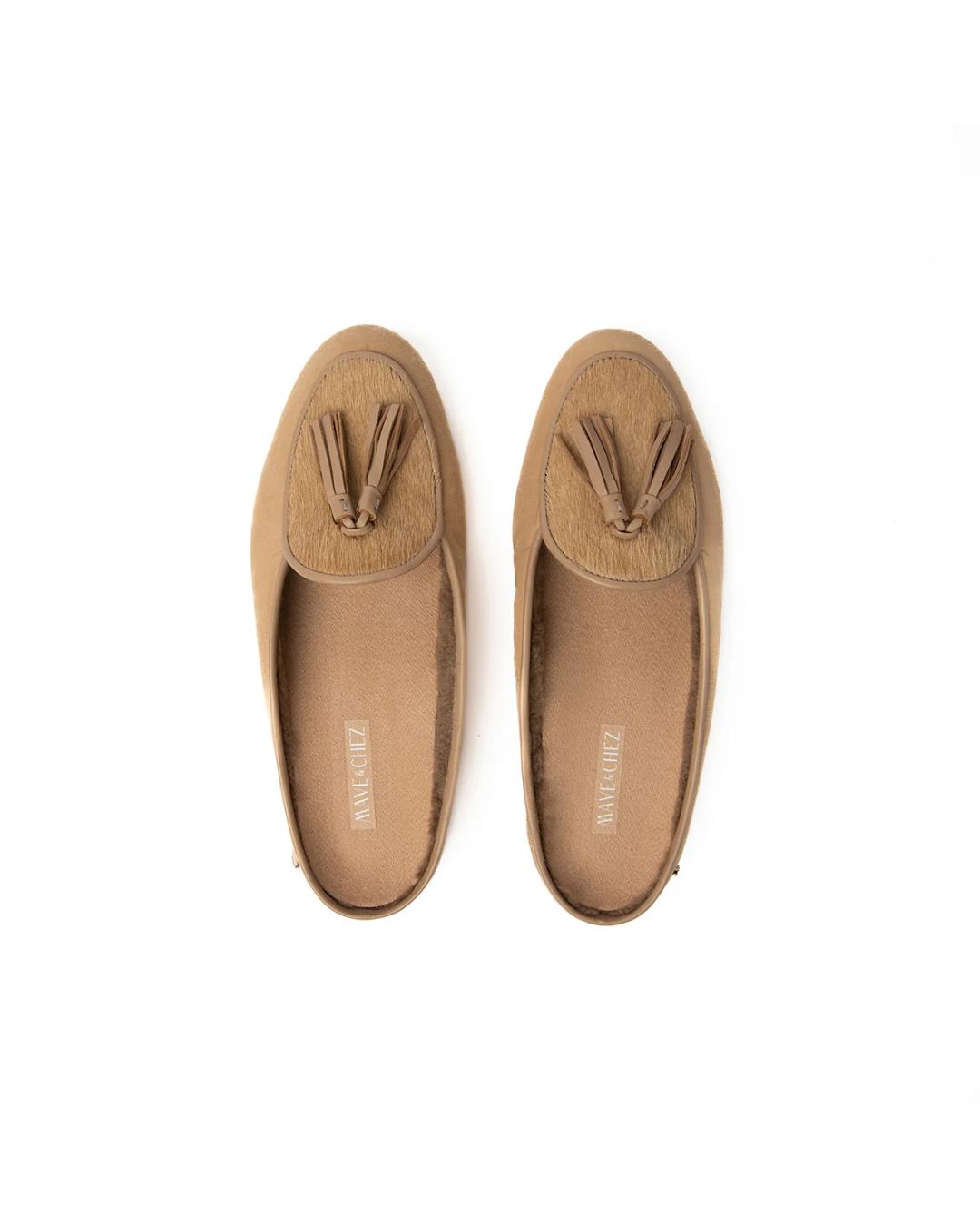 tan slipper shoe with tassels