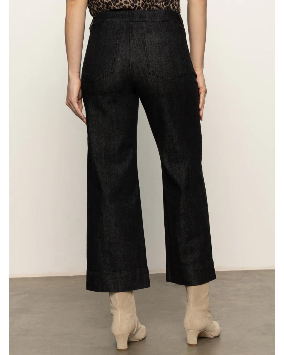 dark wash jeans in a wide leg and cropped