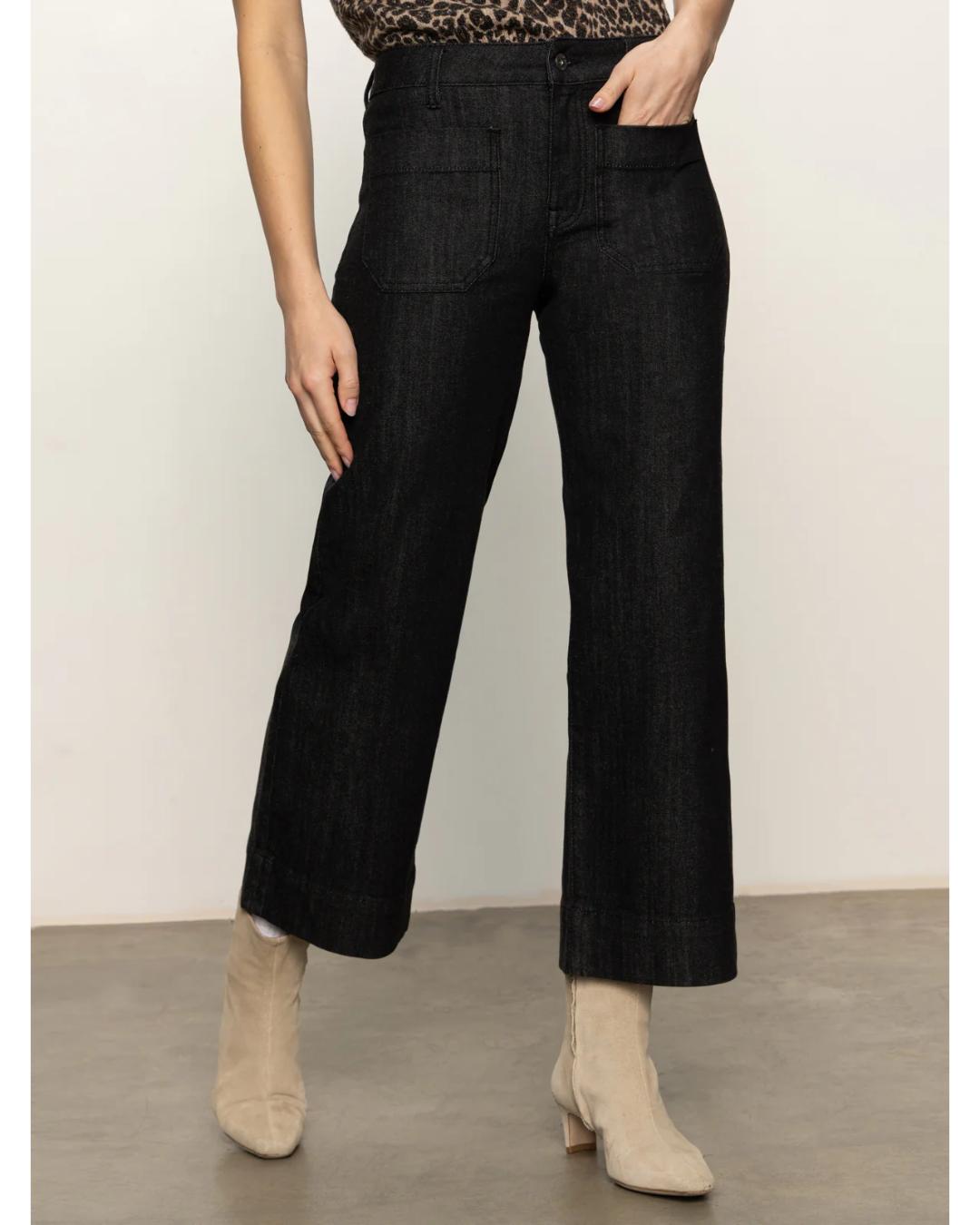 dark wash jeans in a wide leg and cropped