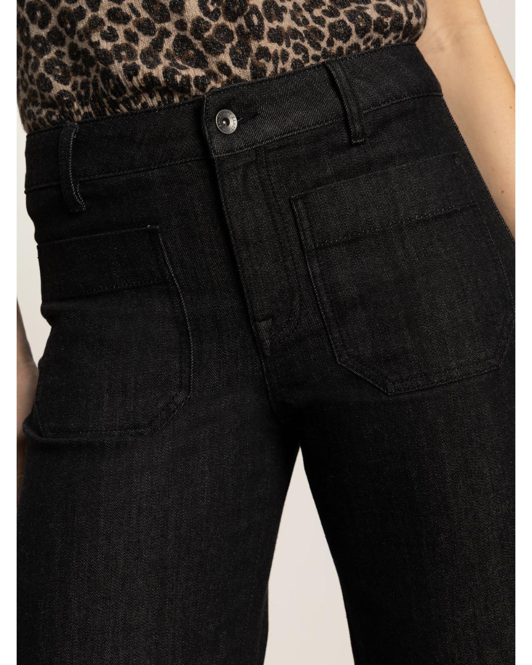 dark wash jeans in a wide leg and cropped