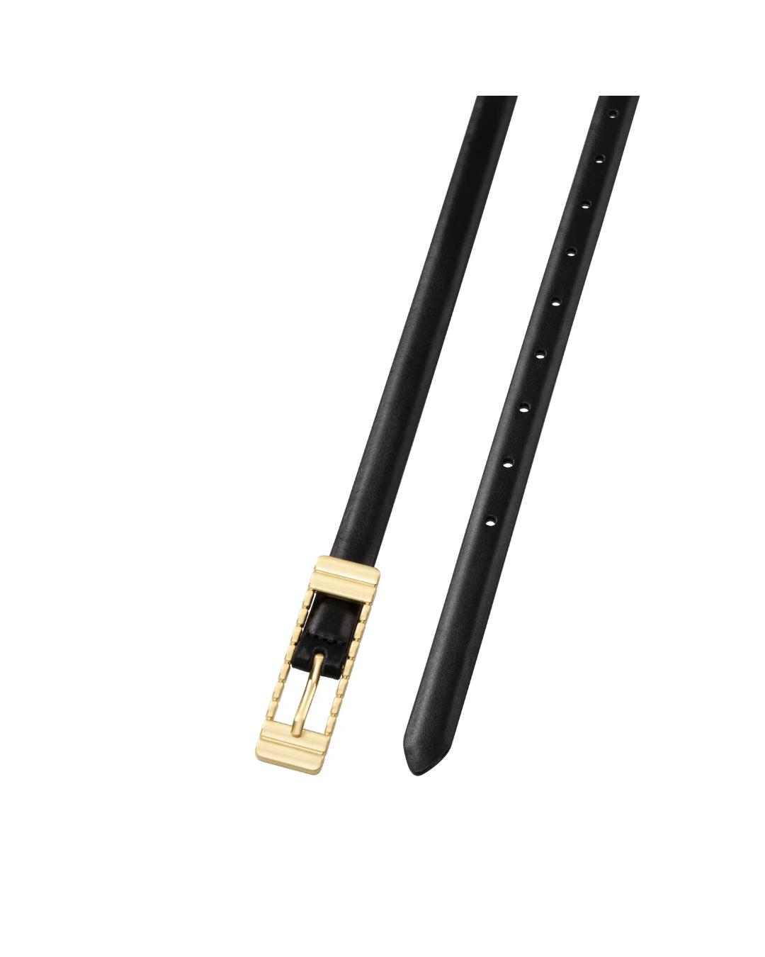 black thin belt with gold square buckle