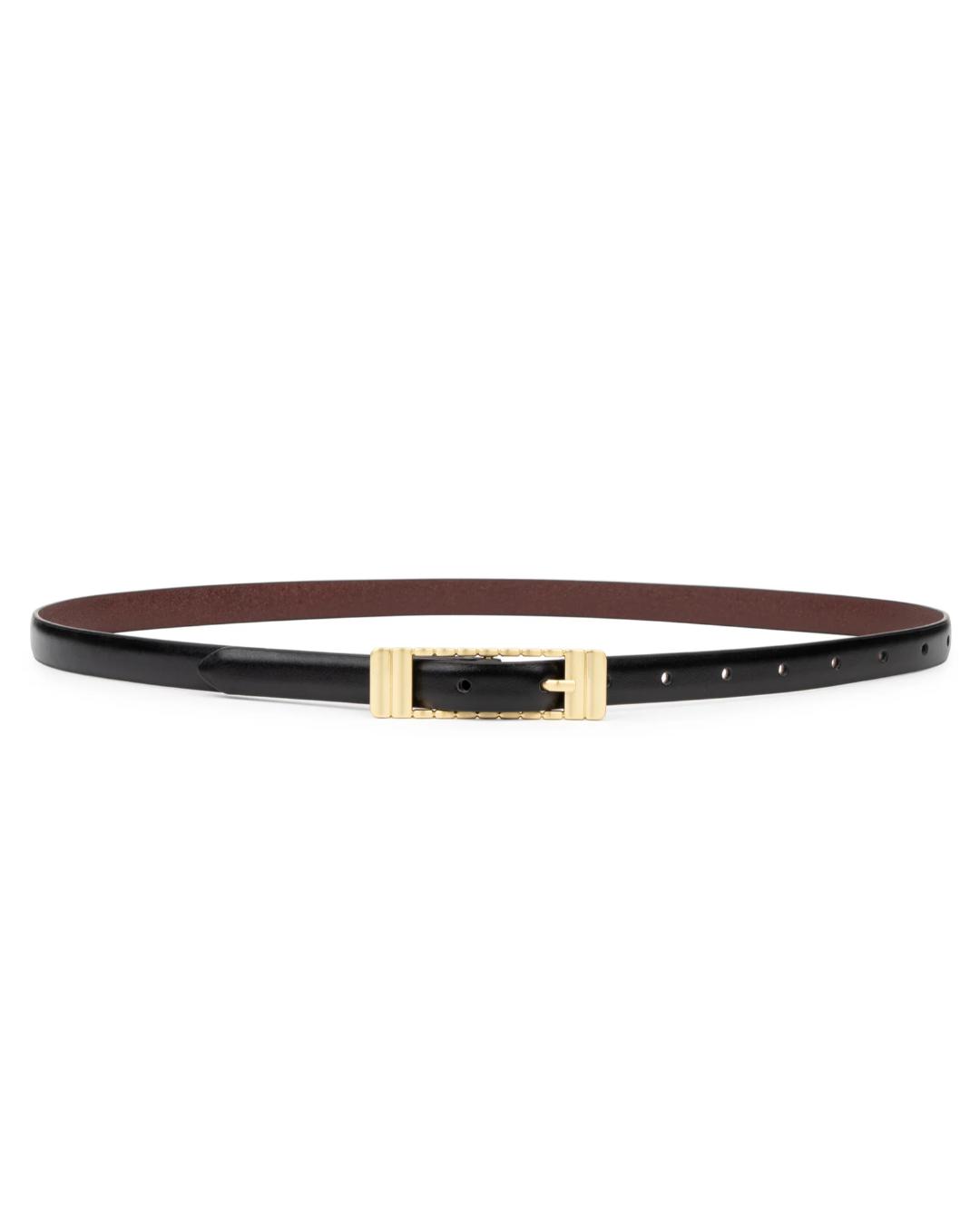 black thin belt with gold square buckle