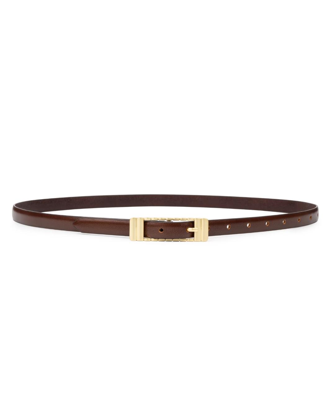 brown thin belt with gold square buckle