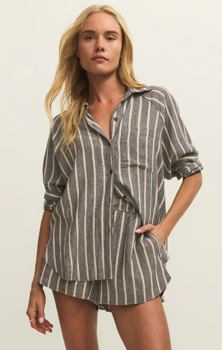 black and beige linen striped blouse
