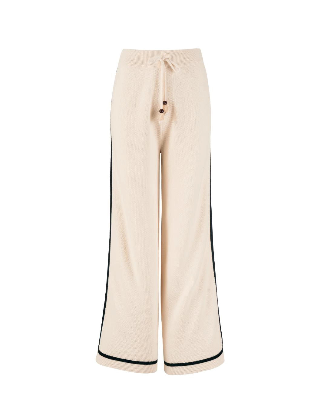 wide leg knit pant in beige with a black stripe on the sides