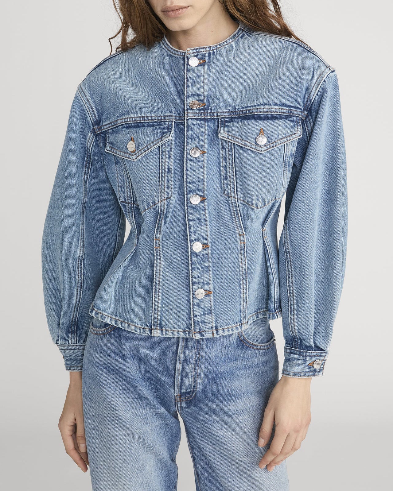 blue jean jacket with a tailored front