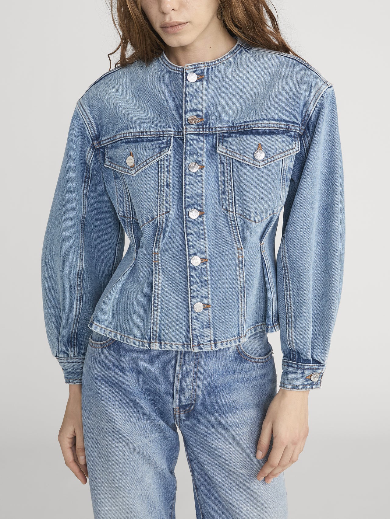 blue jean jacket with a tailored front