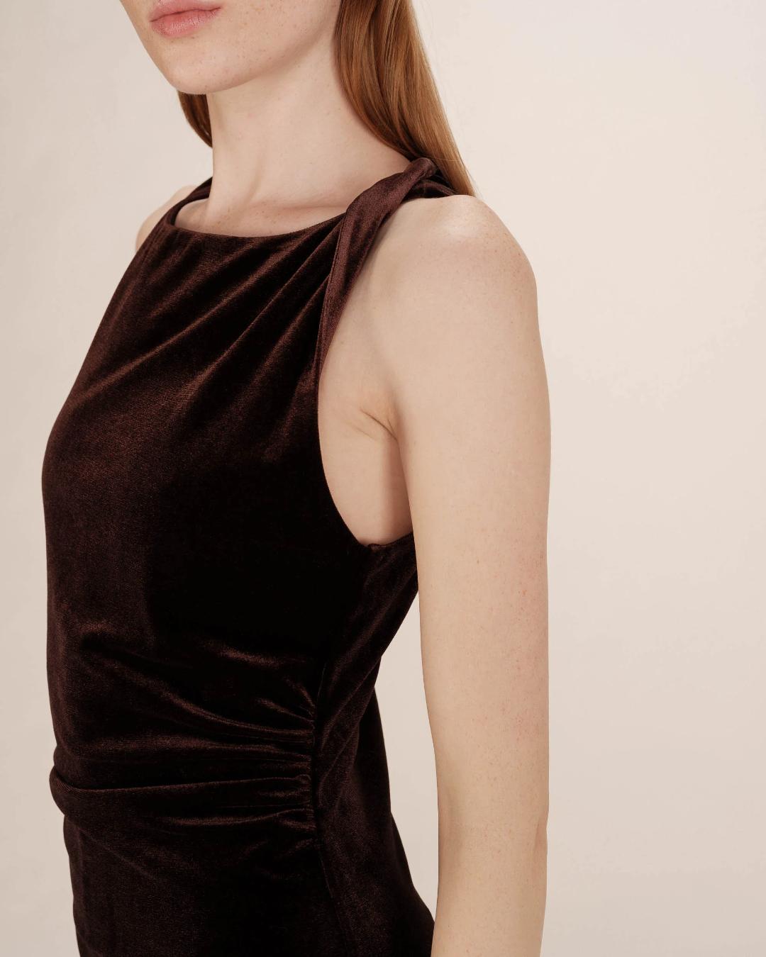 brown velvet midi dress with twisted straps