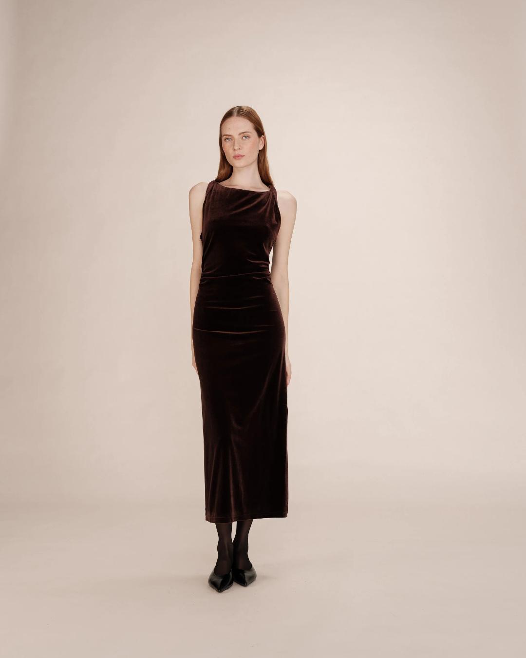brown velvet midi dress with twisted straps