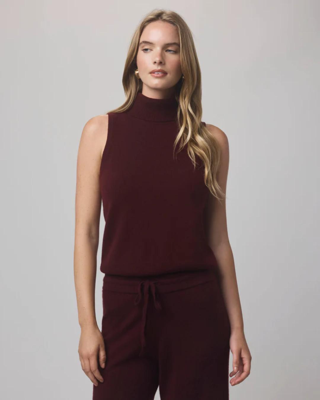cashmere turtleneck tank top in dark red