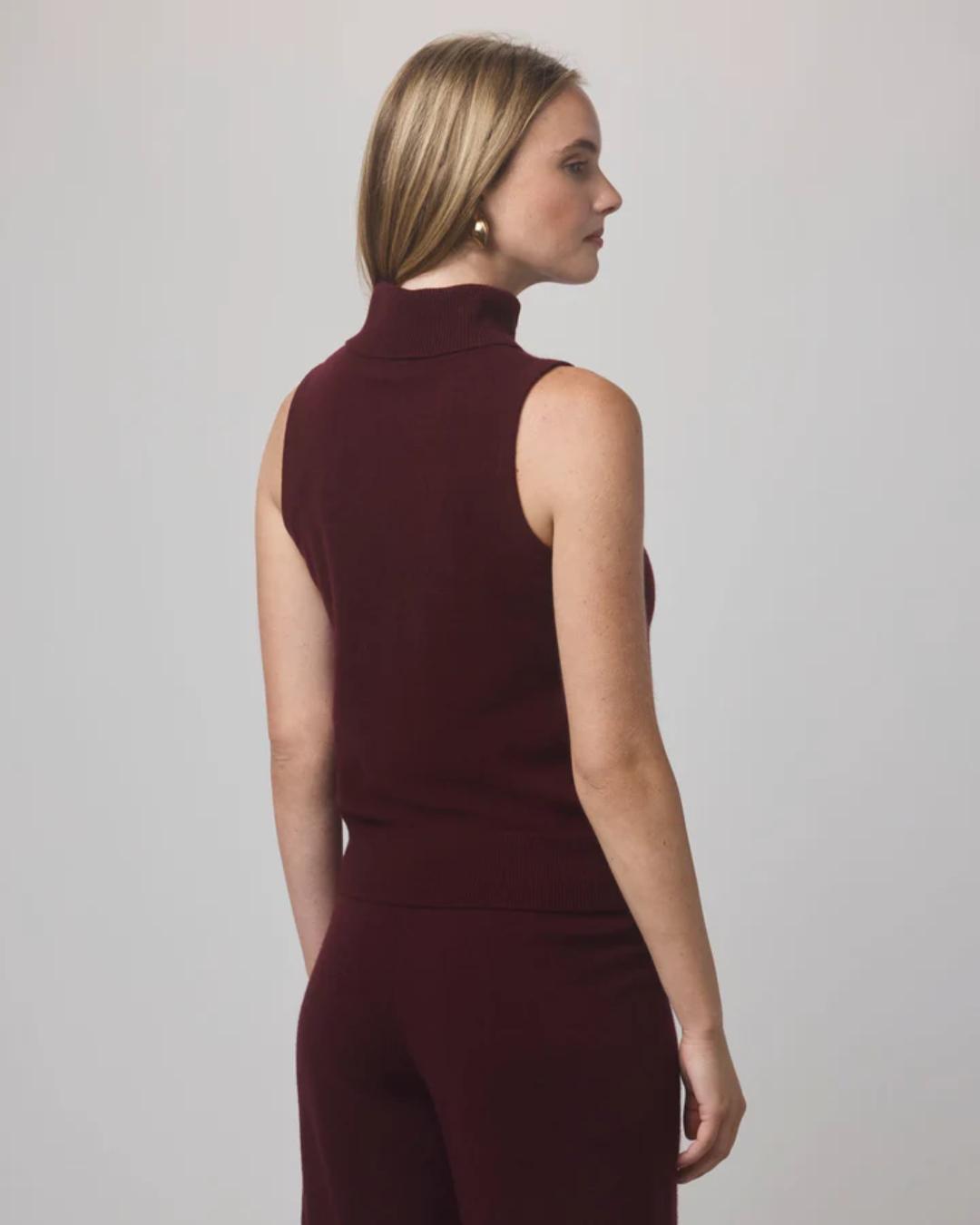 cashmere turtleneck tank top in dark red