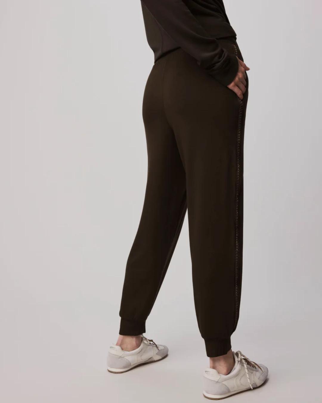 brown joggers with a tie waist