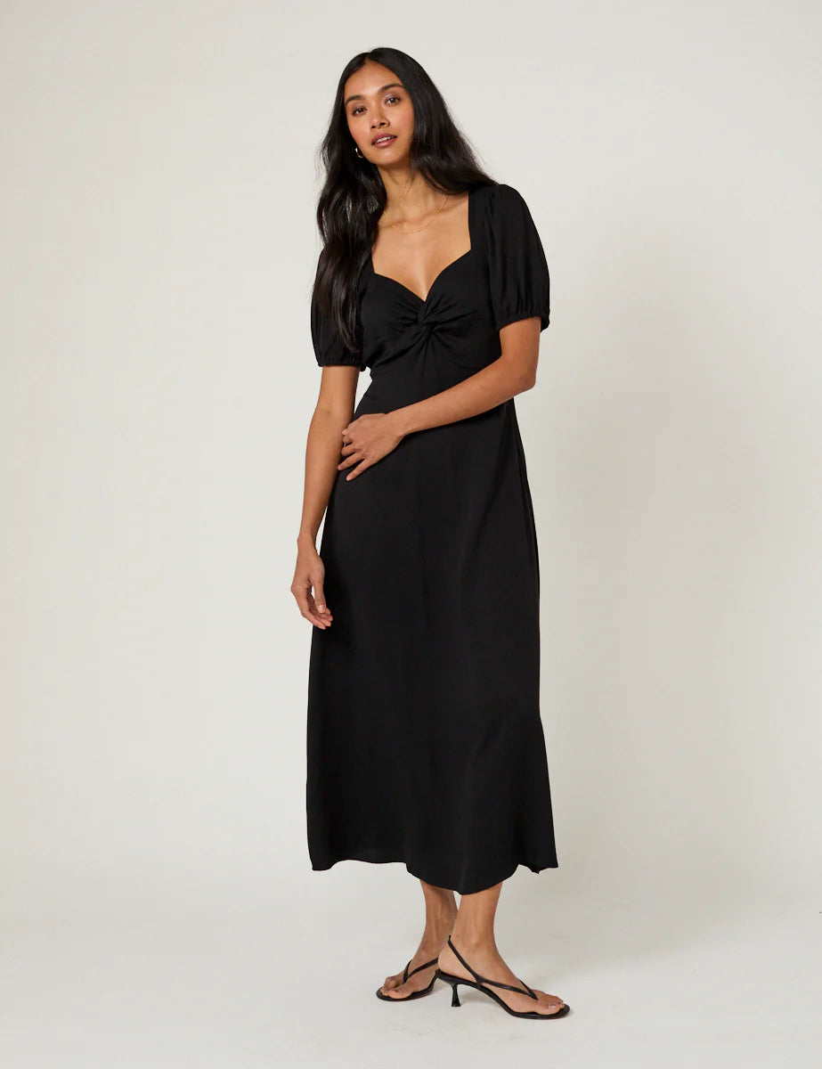 black midi dress with puff sleeve