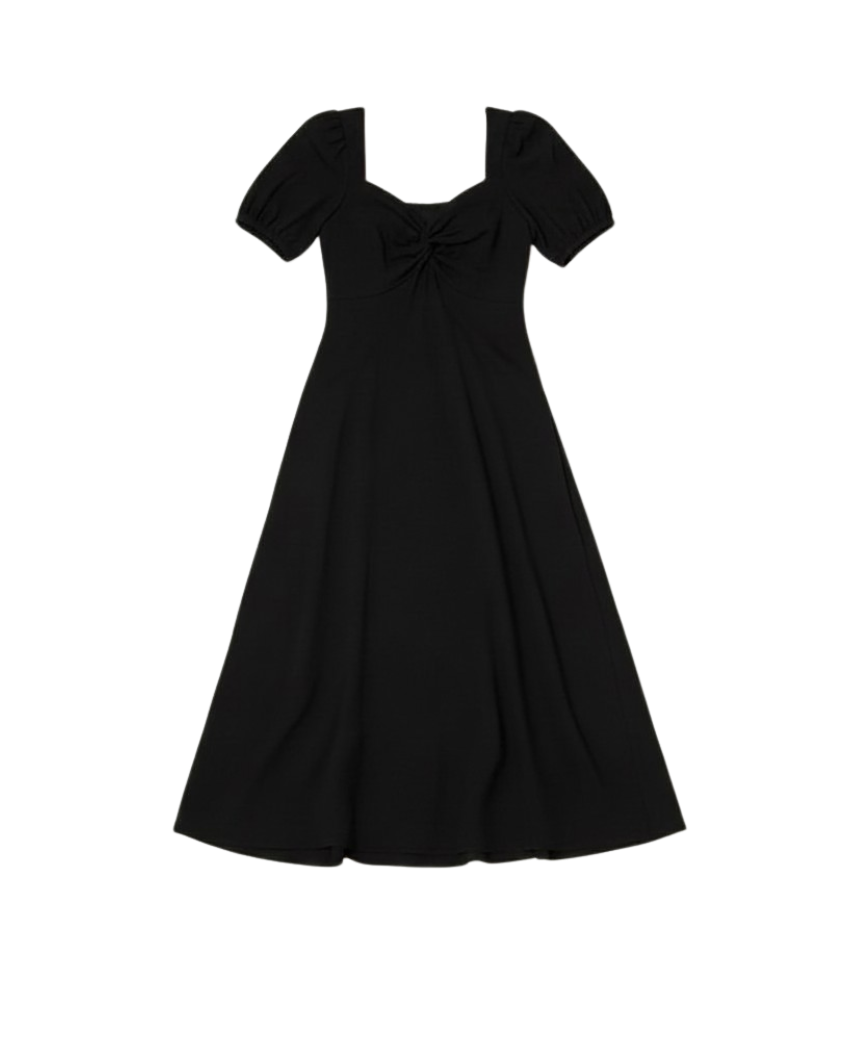 black midi dress with puff sleeve