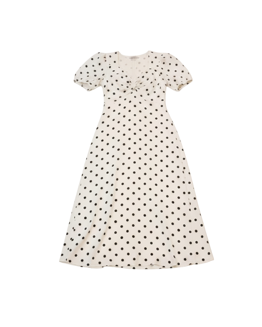 cream dress with polka dots