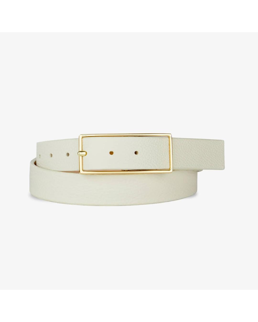 white leather belt with gold square buckle