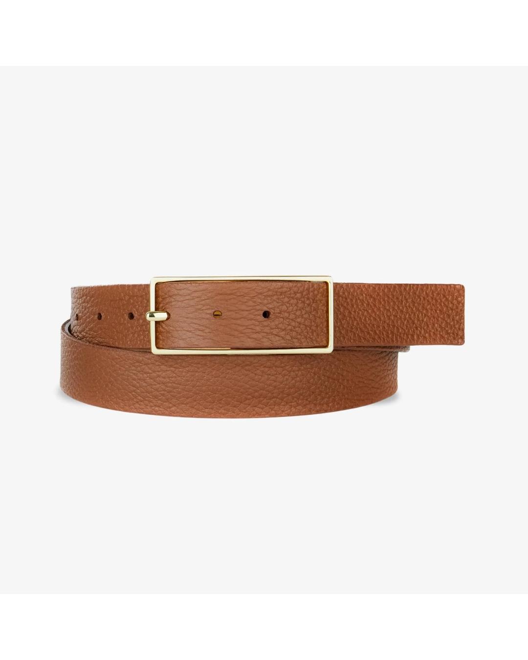 brown leather belt with gold square buckle