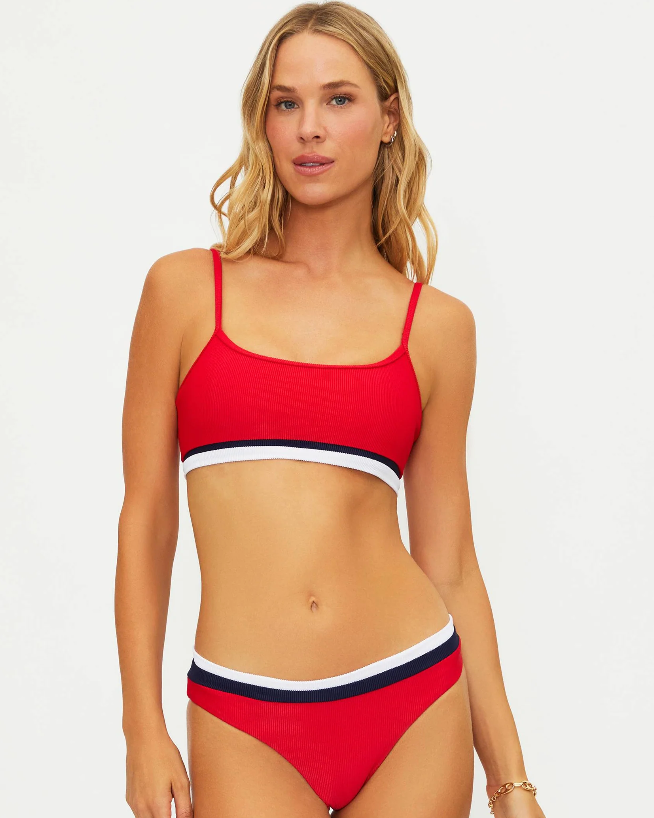 red bralette bikini top with white and black