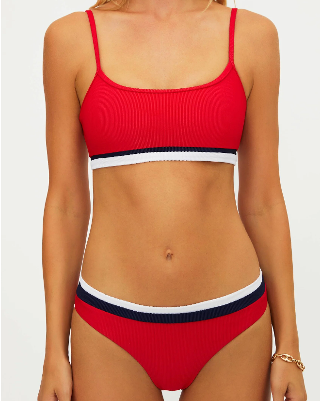 red bralette bikini top with white and black