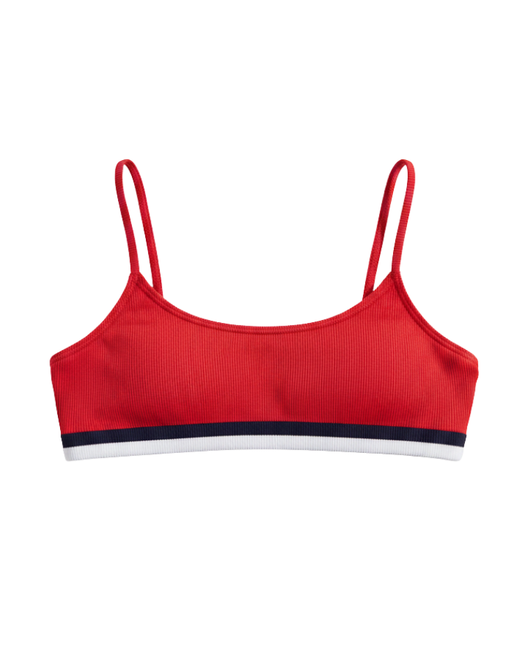 red bralette bikini top with white and black