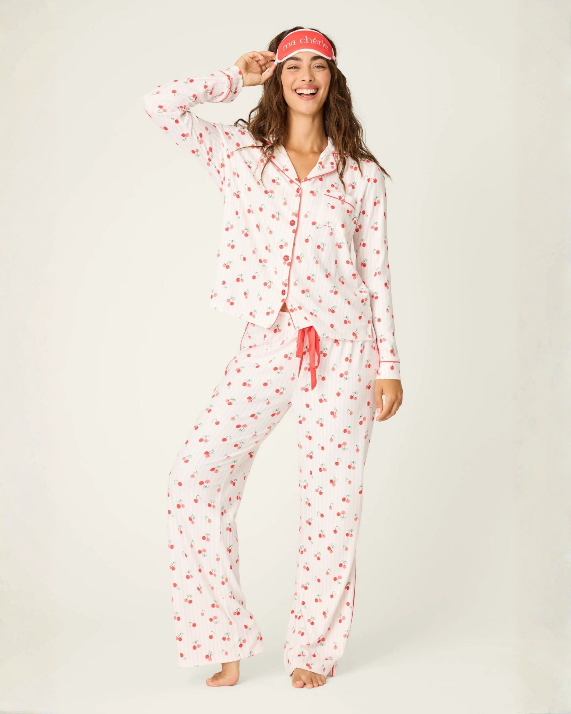PJ Set with cherry print over light pink stripe for valentines day by PJ Salvage