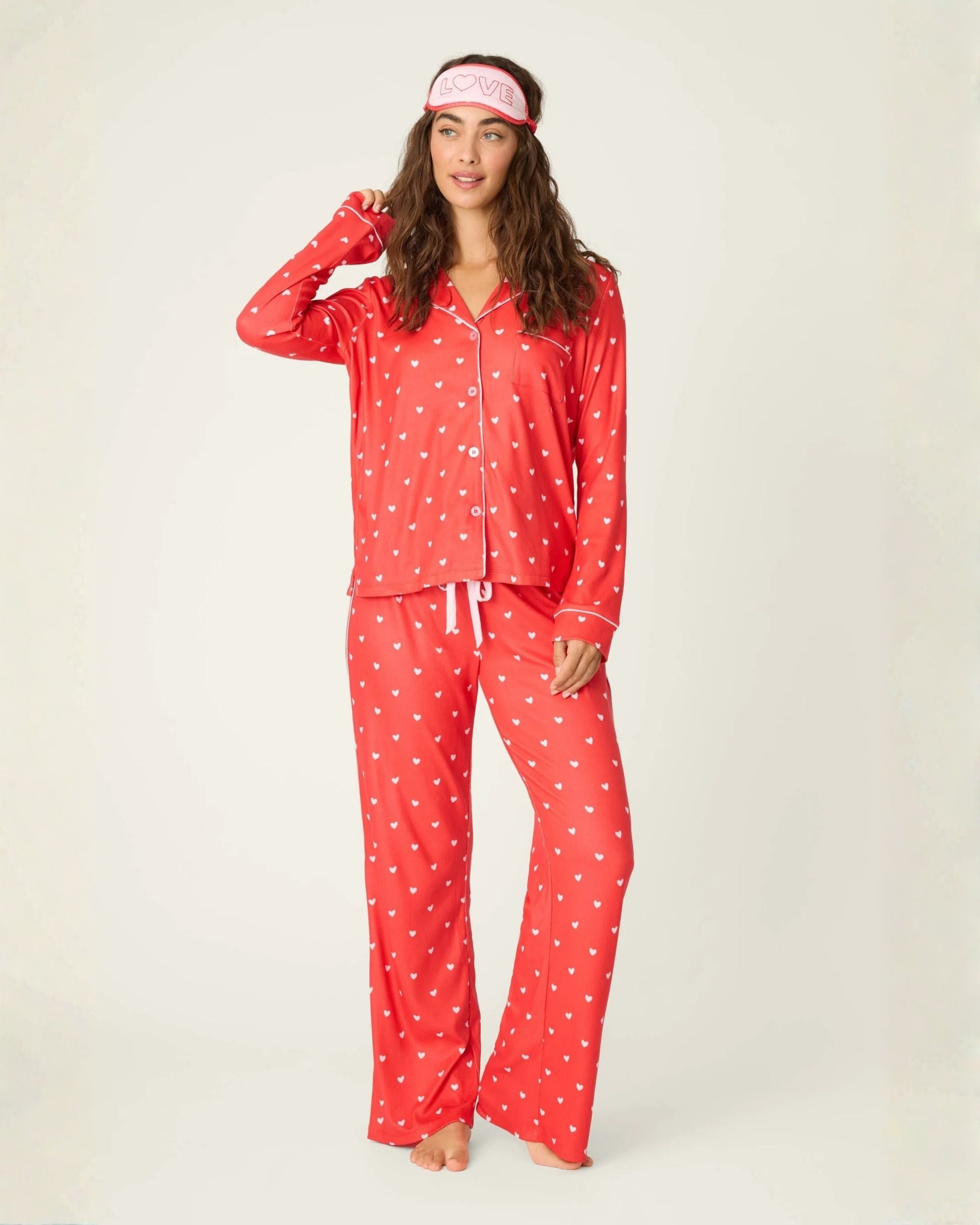 long sleeve, pant and eye mask pj set in red with pink hearts all over