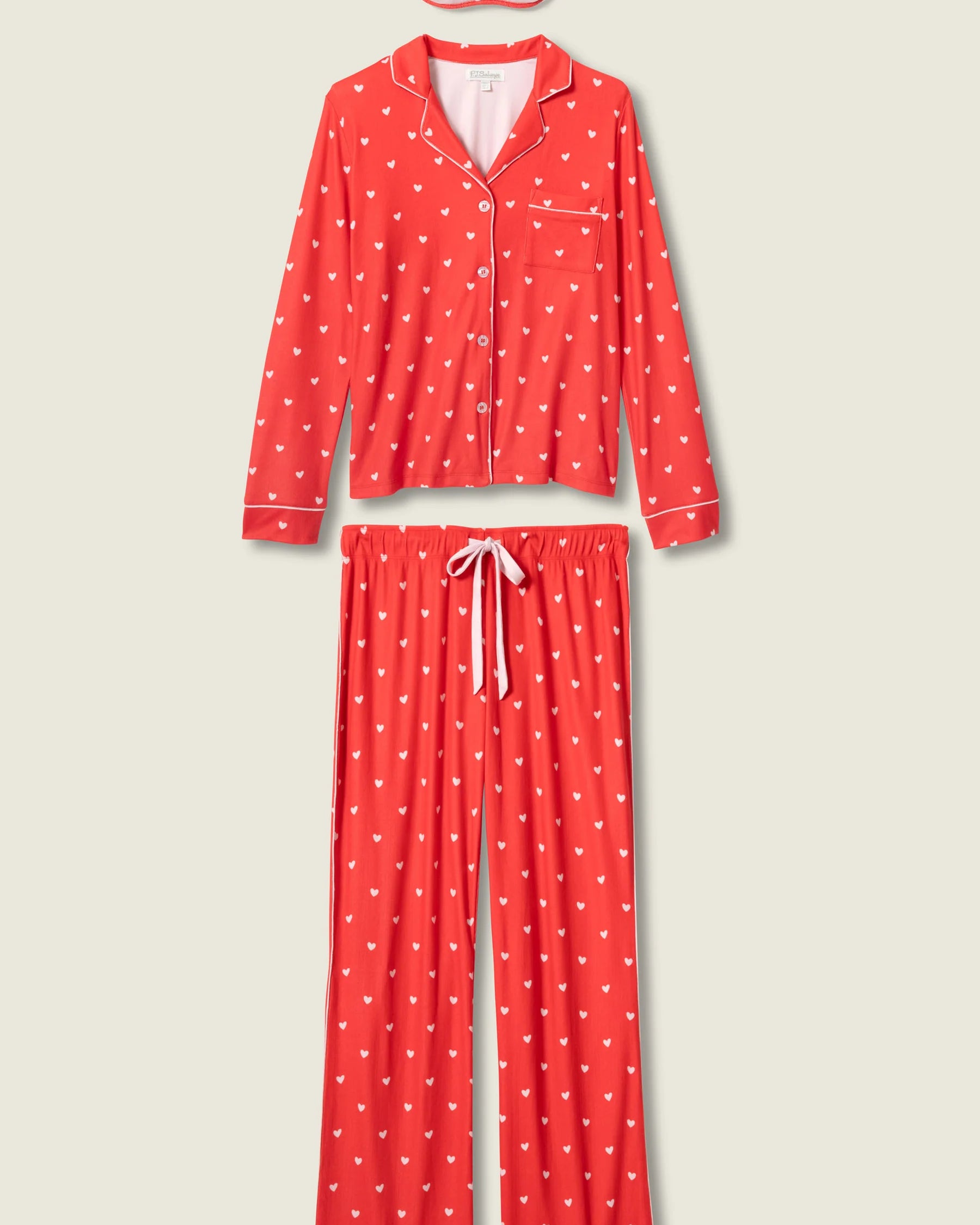 long sleeve, pant and eye mask pj set in red with pink hearts all over