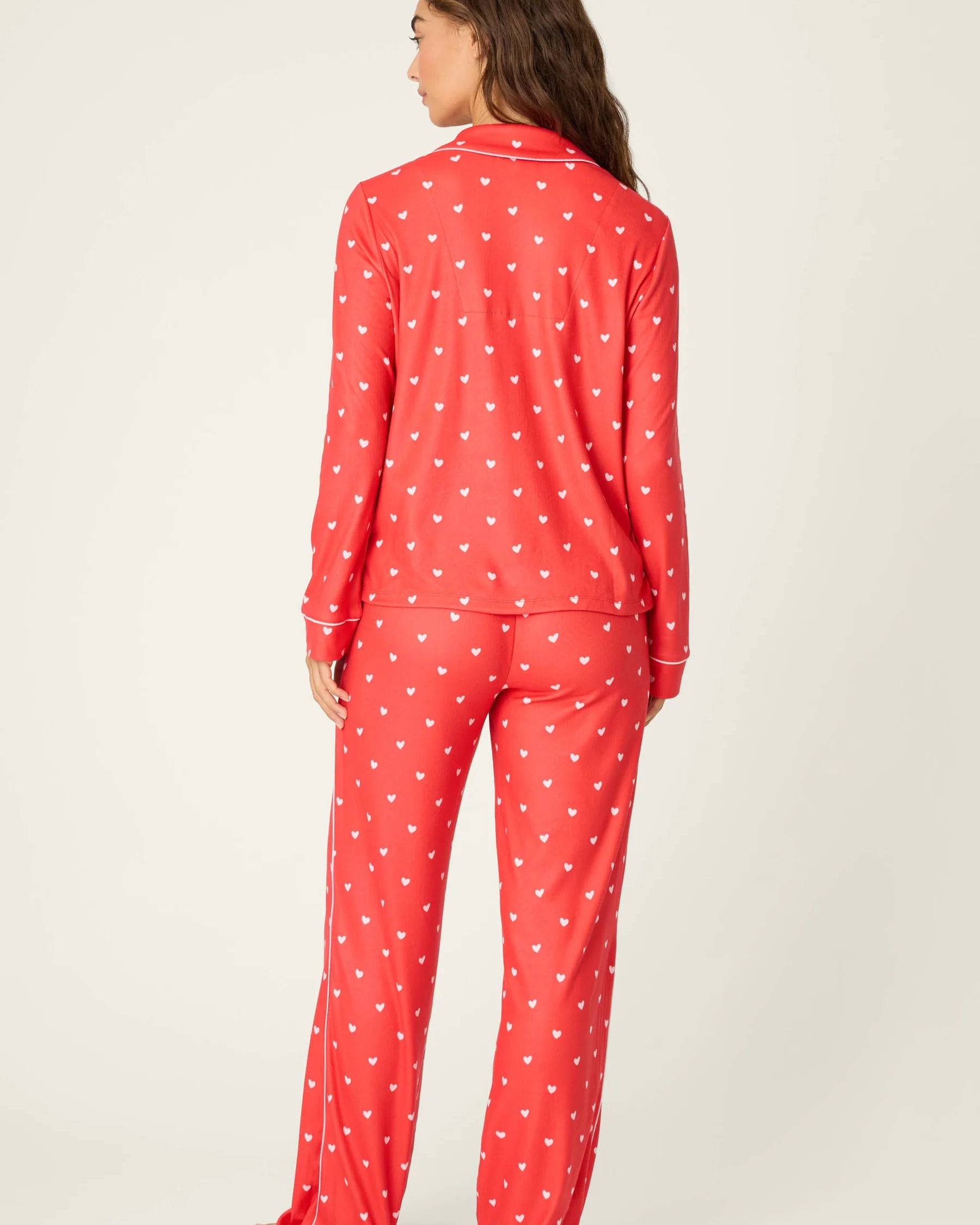 long sleeve, pant and eye mask pj set in red with pink hearts all over