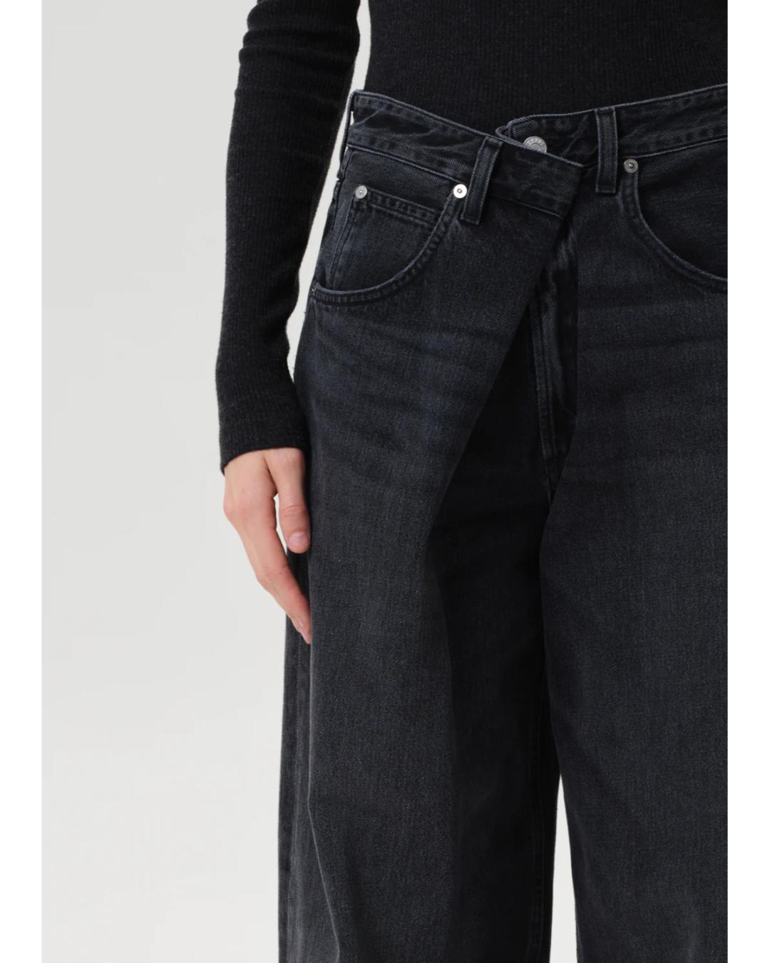 black denim jeans with wide leg and fold over waist