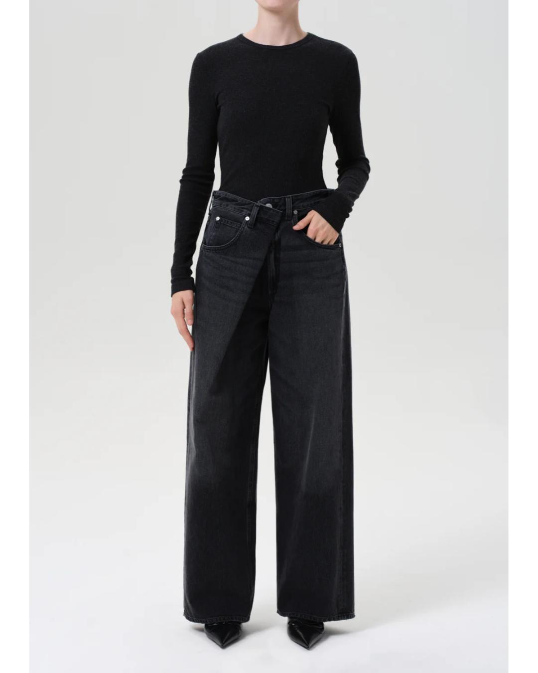 black denim jeans with wide leg and fold over waist