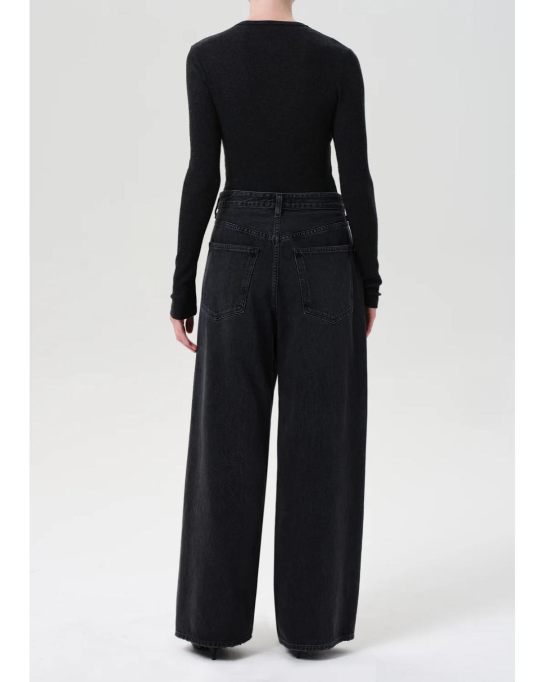 black denim jeans with wide leg and fold over waist