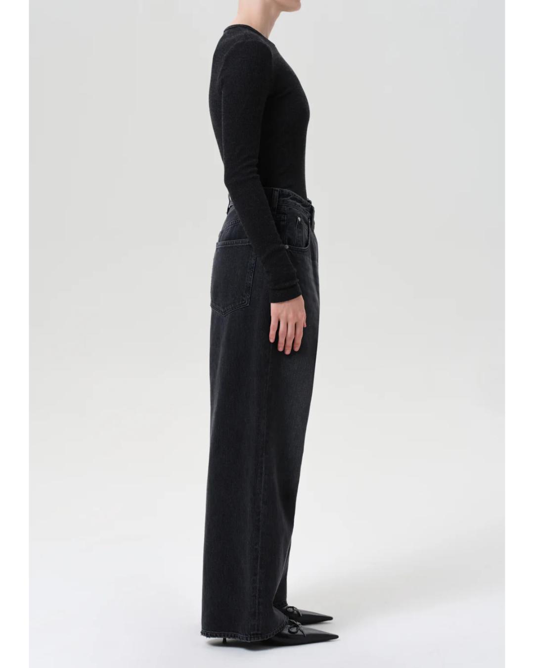 black denim jeans with wide leg and fold over waist