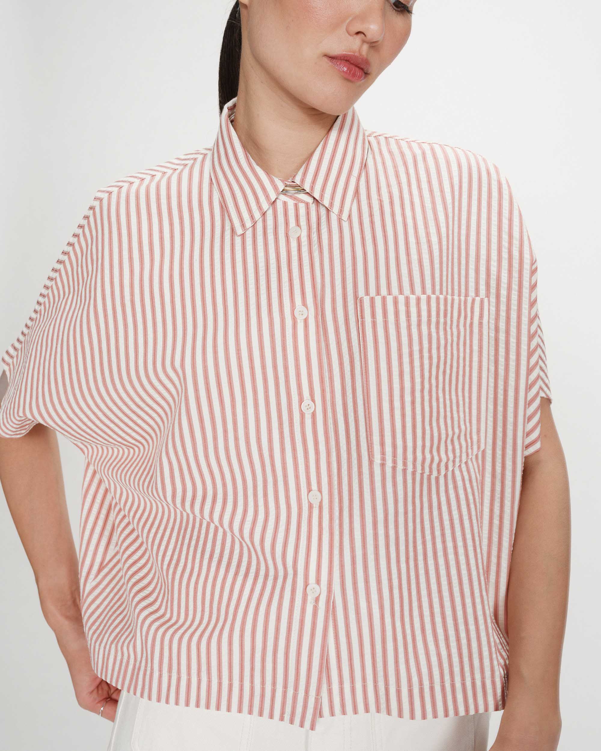 short sleeve striped blouse in coral and white