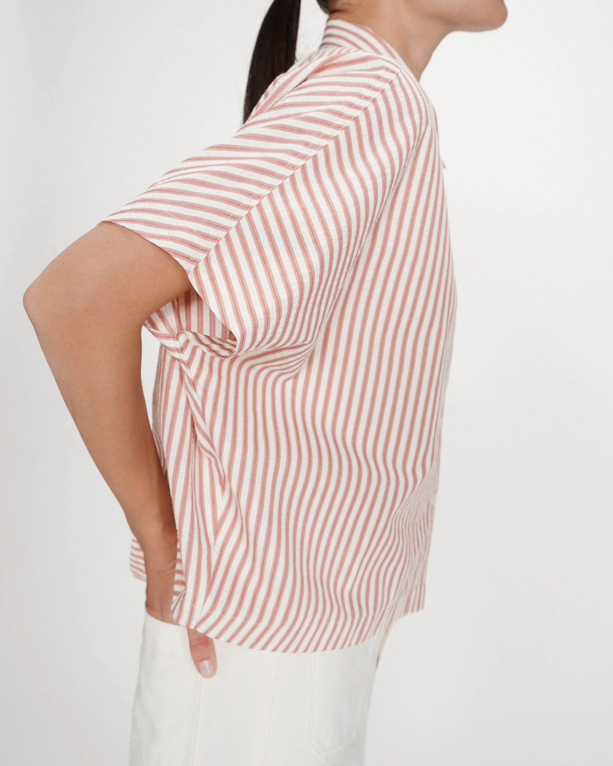 short sleeve striped blouse in coral and white
