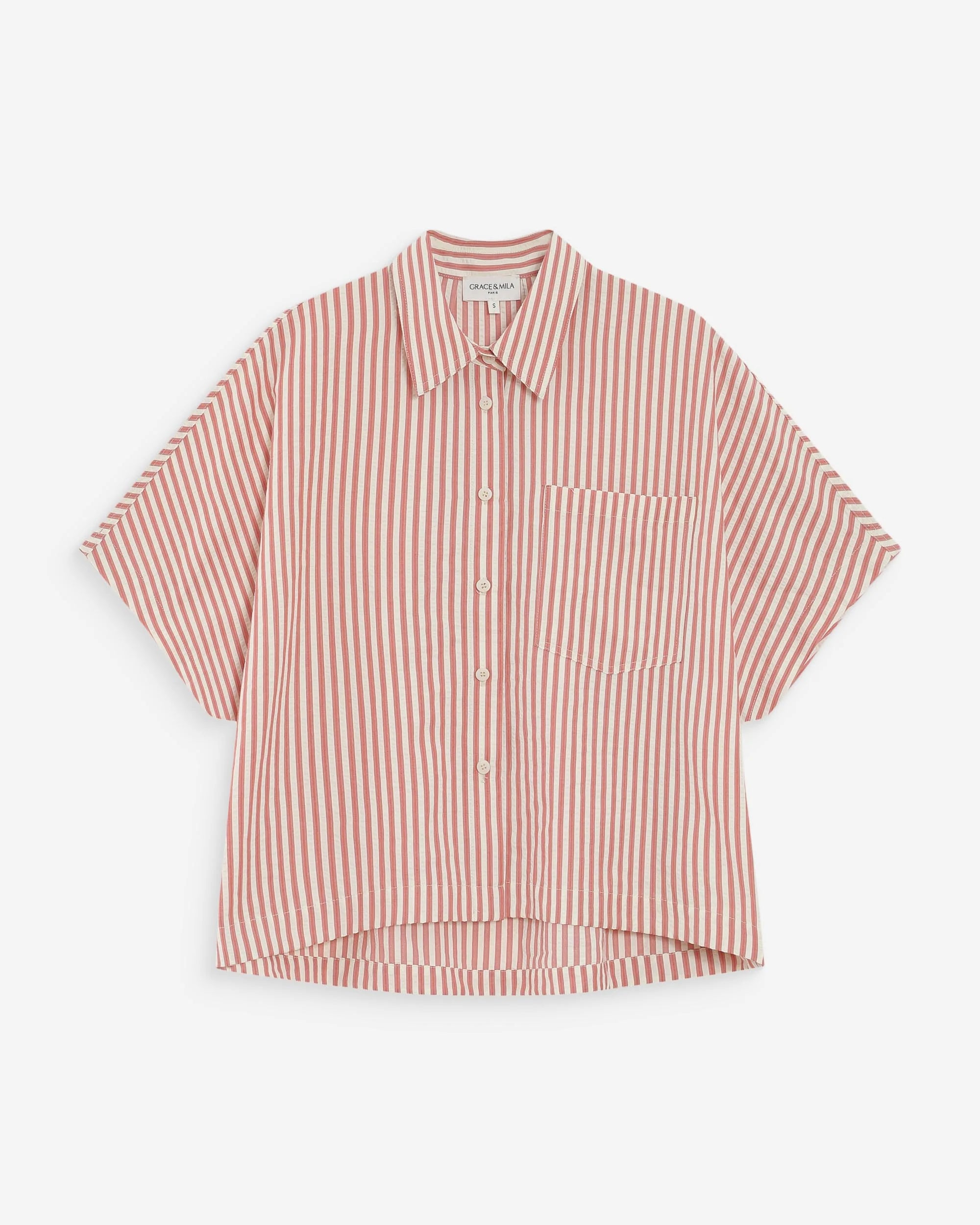 short sleeve striped blouse in coral and white